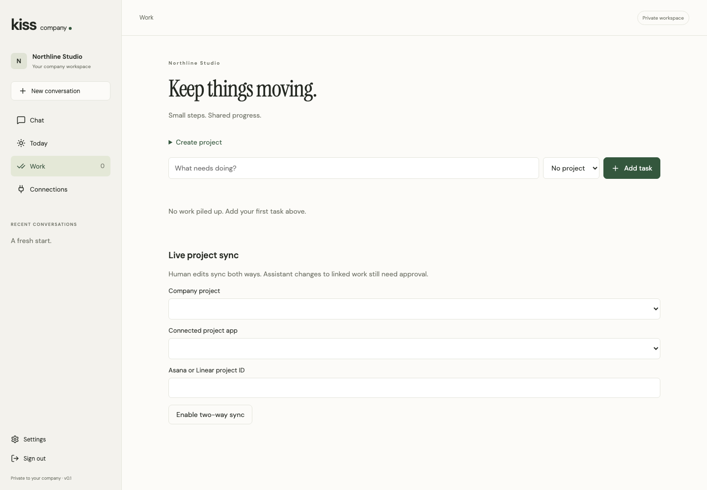 Actual KISS Company workspace showing native task and project controls.